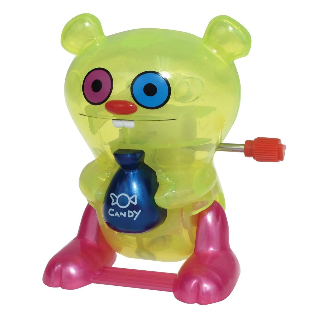 Colorful toy with a transparent body and pink legs on a white background
