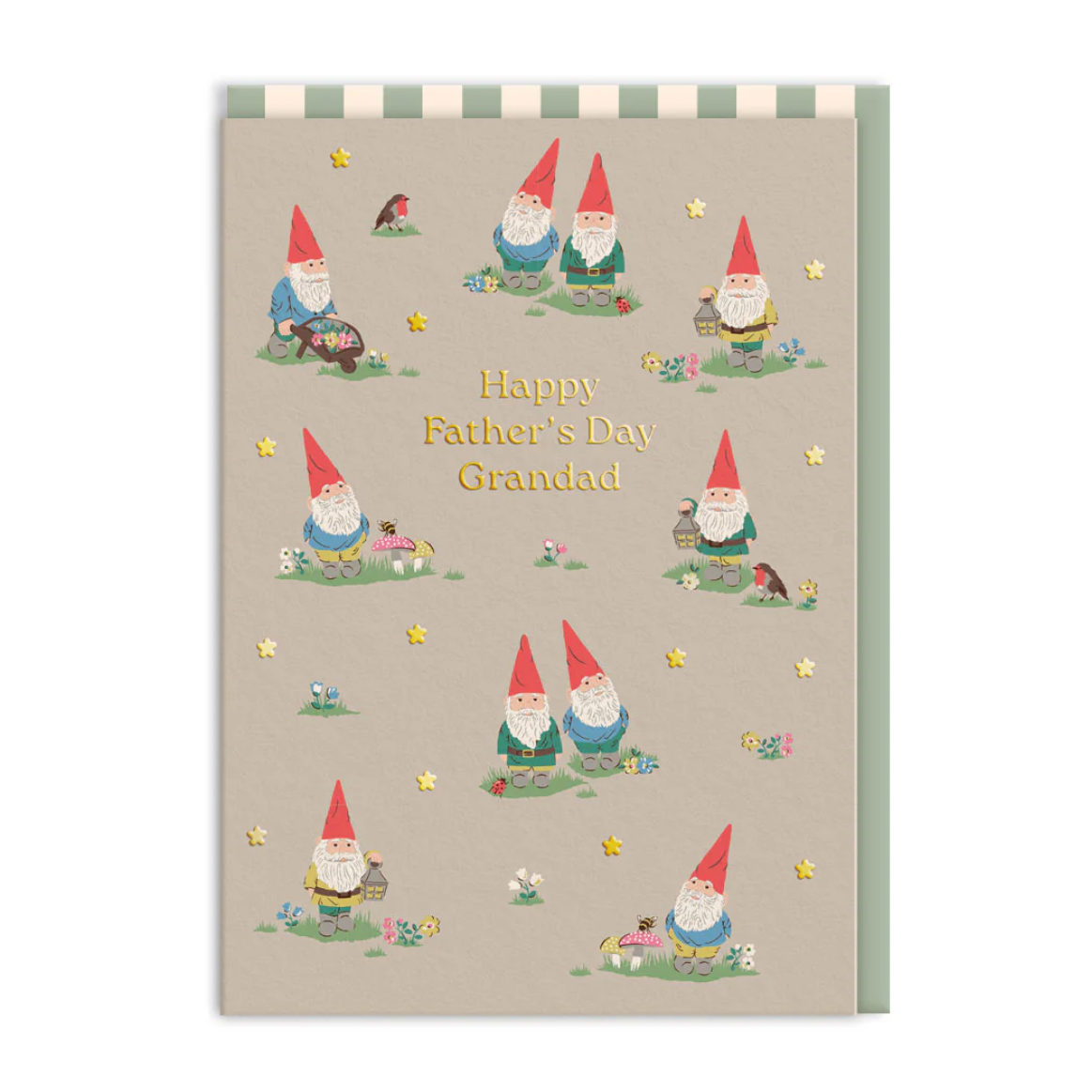 Father's Day card with cartoon gnomes and 'Happy Father's Day Grandad' text on a beige background.