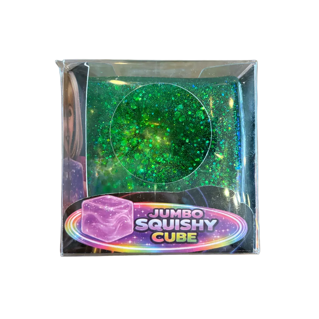 Green jumbo squishy cube in packaging on a white background