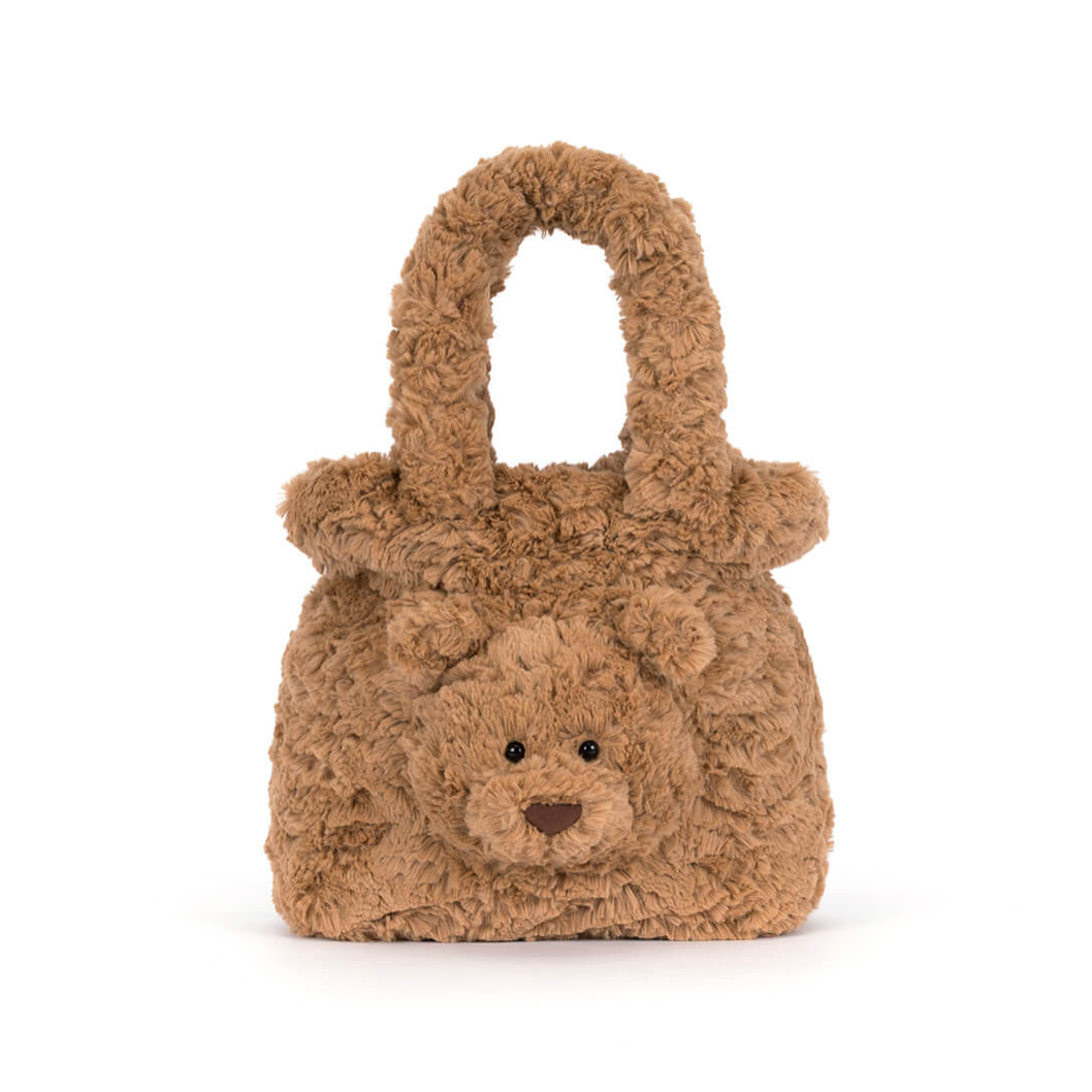 A brown teddy bear-shaped handbag with a curly textured fabric, shown on a white background