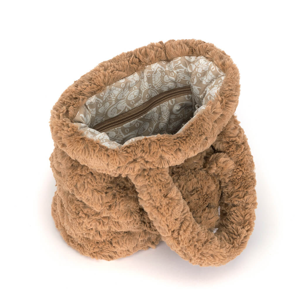 A plush brown handbag shaped like a bear, shown on a white background 