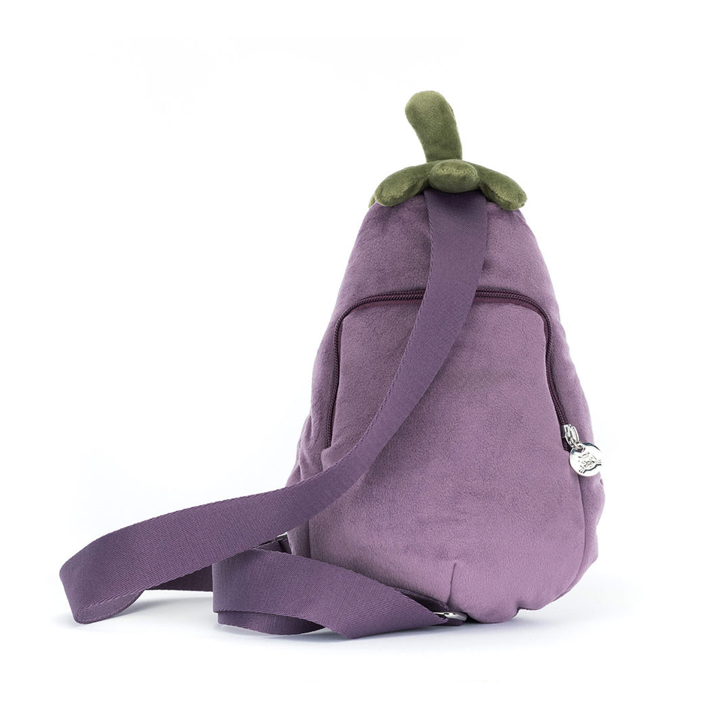 A purple  bum bag shaped like an eggplant, featuring a green plush stem on top and a matching purple shoulder strap, shown against a white background 