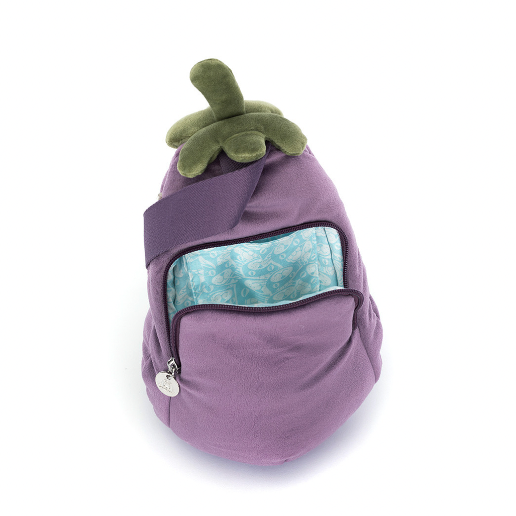 A purple egg-shaped plush bag designed to look like an aubergine, with a green stem on top and a zippered front pocket, shown on a white background 