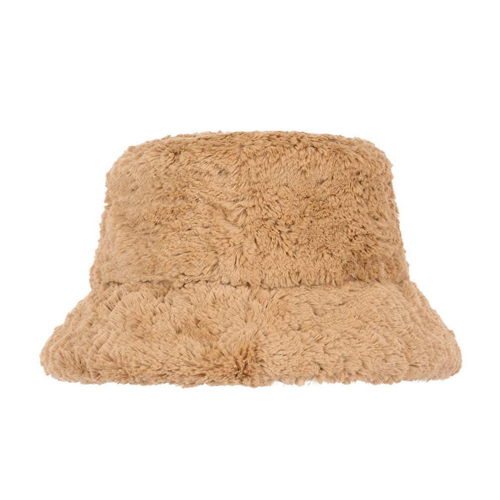 A light tan fluffy bucket hat shown on a white background 