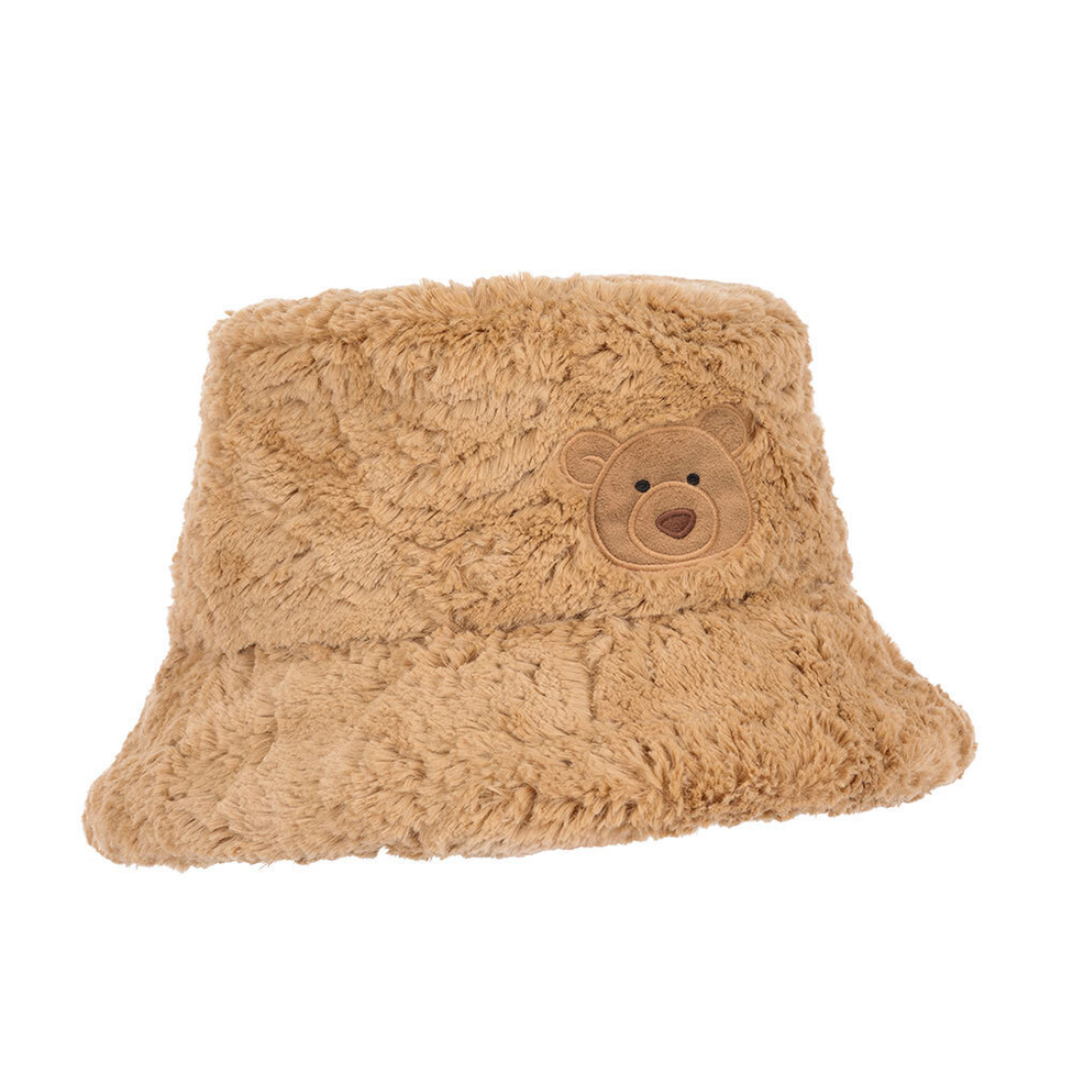A plush beige flannel-style hat with a small embroidered Bartholomew Bear face on the front, shown on a white background 