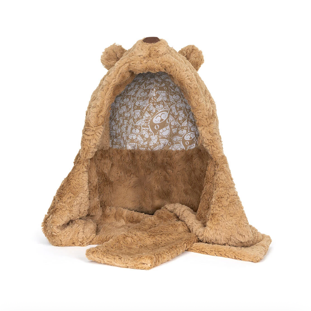 A plush teddy bear-shaped pet bed in light brown faux fur with a darker brown faux fur interior and a patterned inner lining, shown on a plain white background.