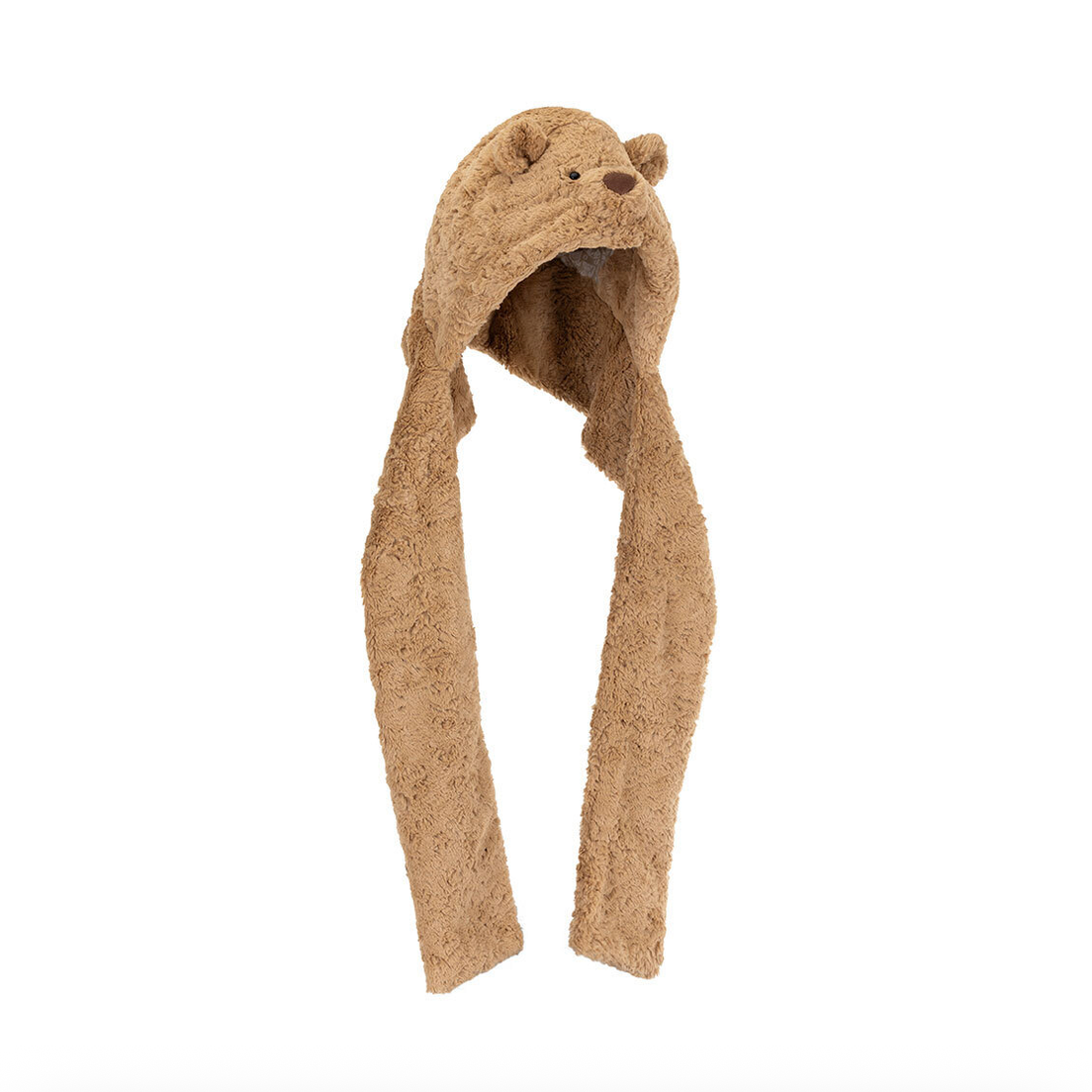A light brown textured hooded scarf with long ear-like tails and small bear ears on the hood, shown against a plain white background.