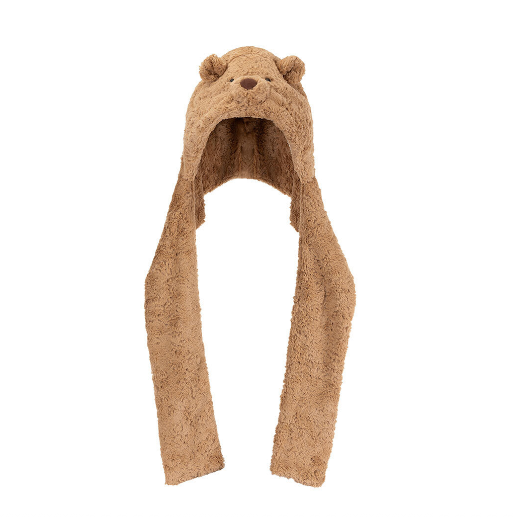 A plush brown hooded scarf designed to look like a bear, featuring a soft teddy texture, embroidered bear face on the hood, and long hanging ear flaps, shown against a plain white background.