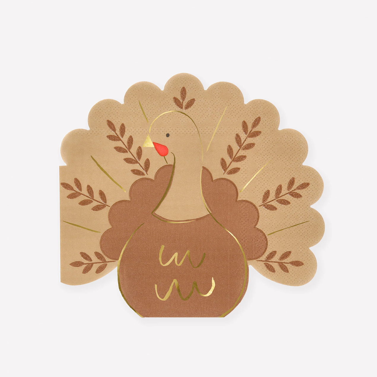 A decorative paper turkey napkins featuring a tan and brown turkey with gold foil accents and a small red beak, centered on a plain white background.