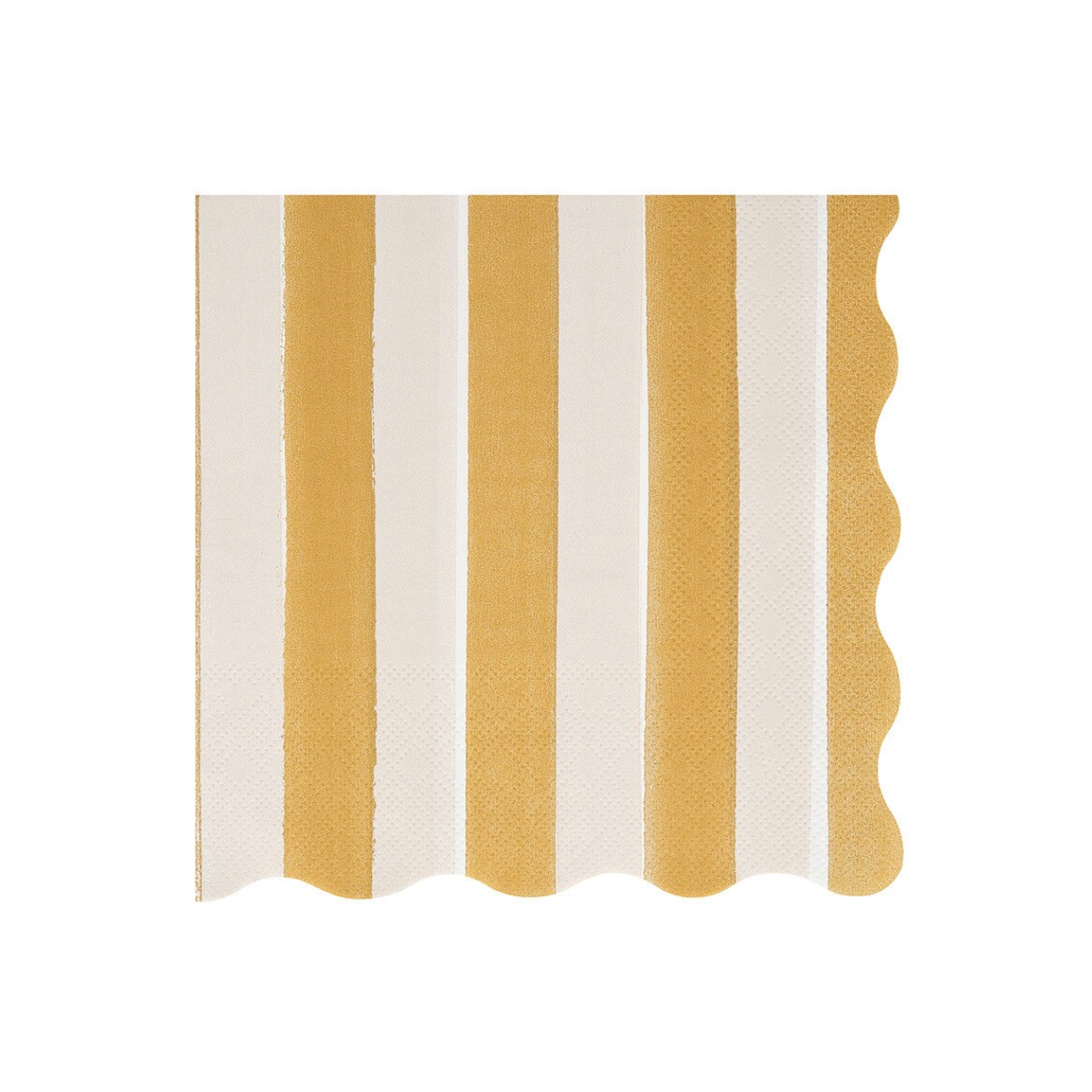 A square napkin with vertical stripes in mustard yellow and off-white, featuring a scalloped wavy edge on the right side.
