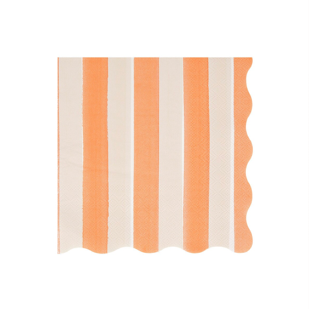 A square paper napkin with a vertical striped pattern in peach and off-white, featuring a scalloped edge on the right side.