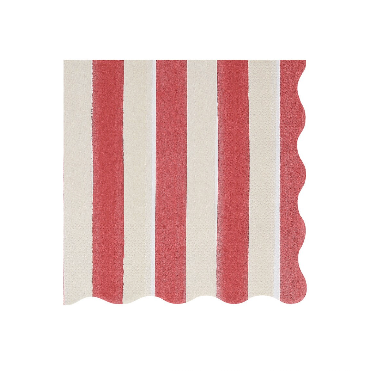 A square paper napkin with a vertical stripe pattern in dusty red and cream, finished with a scalloped edge on one side, shown on a white background.