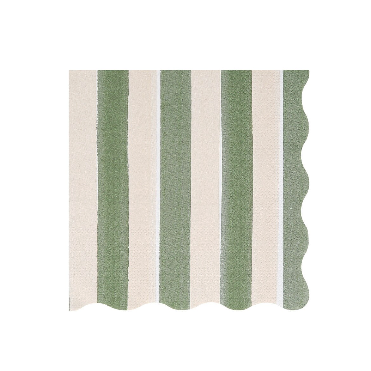 A fabric swatch with vertical stripes in sage green and cream, featuring a scalloped wavy edge on the right side.