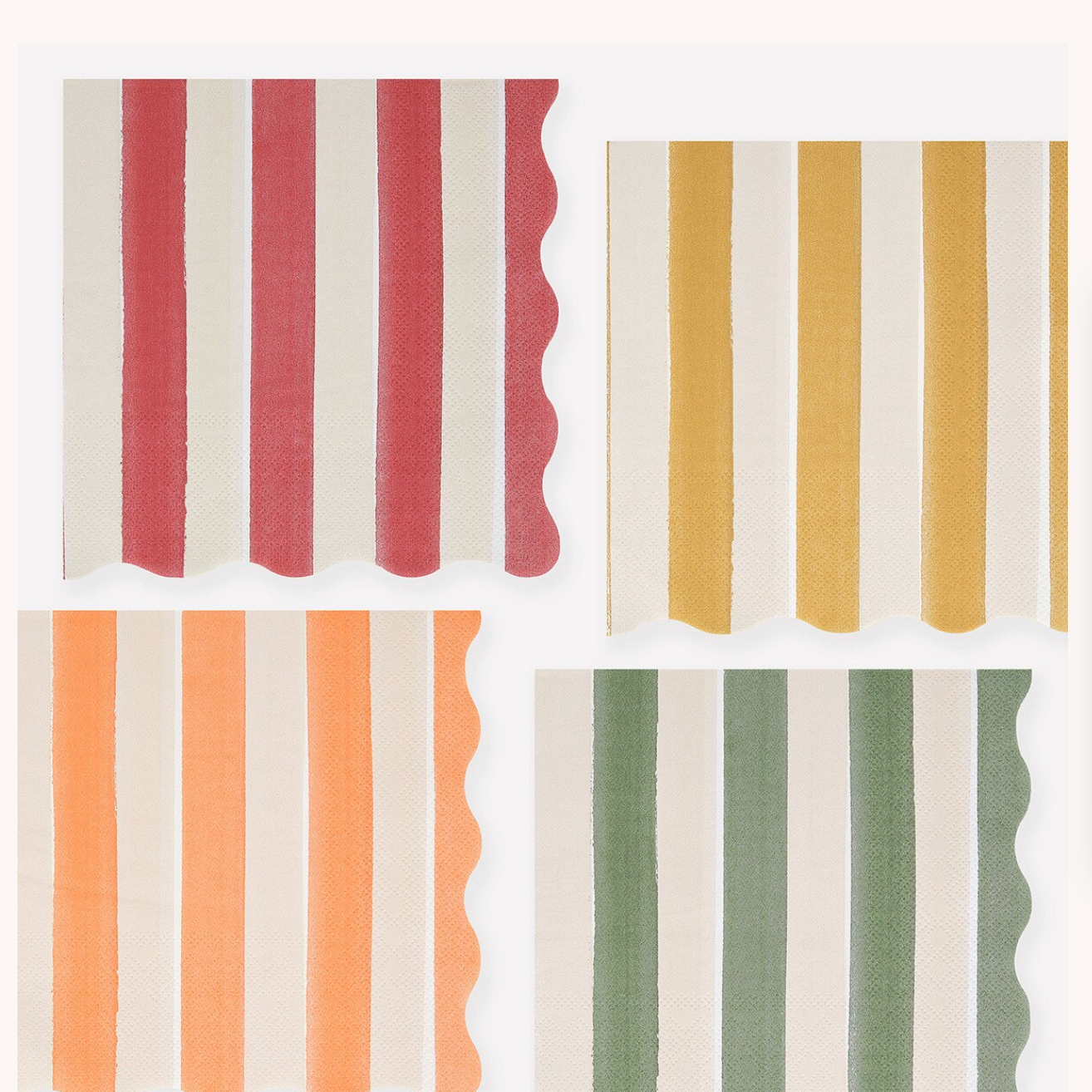 Four fabric swatches with vertical stripes in different color combinations (red, cream, mustard yellow, peach, sage green, and cream) arranged in a 2x2 grid on a white background.