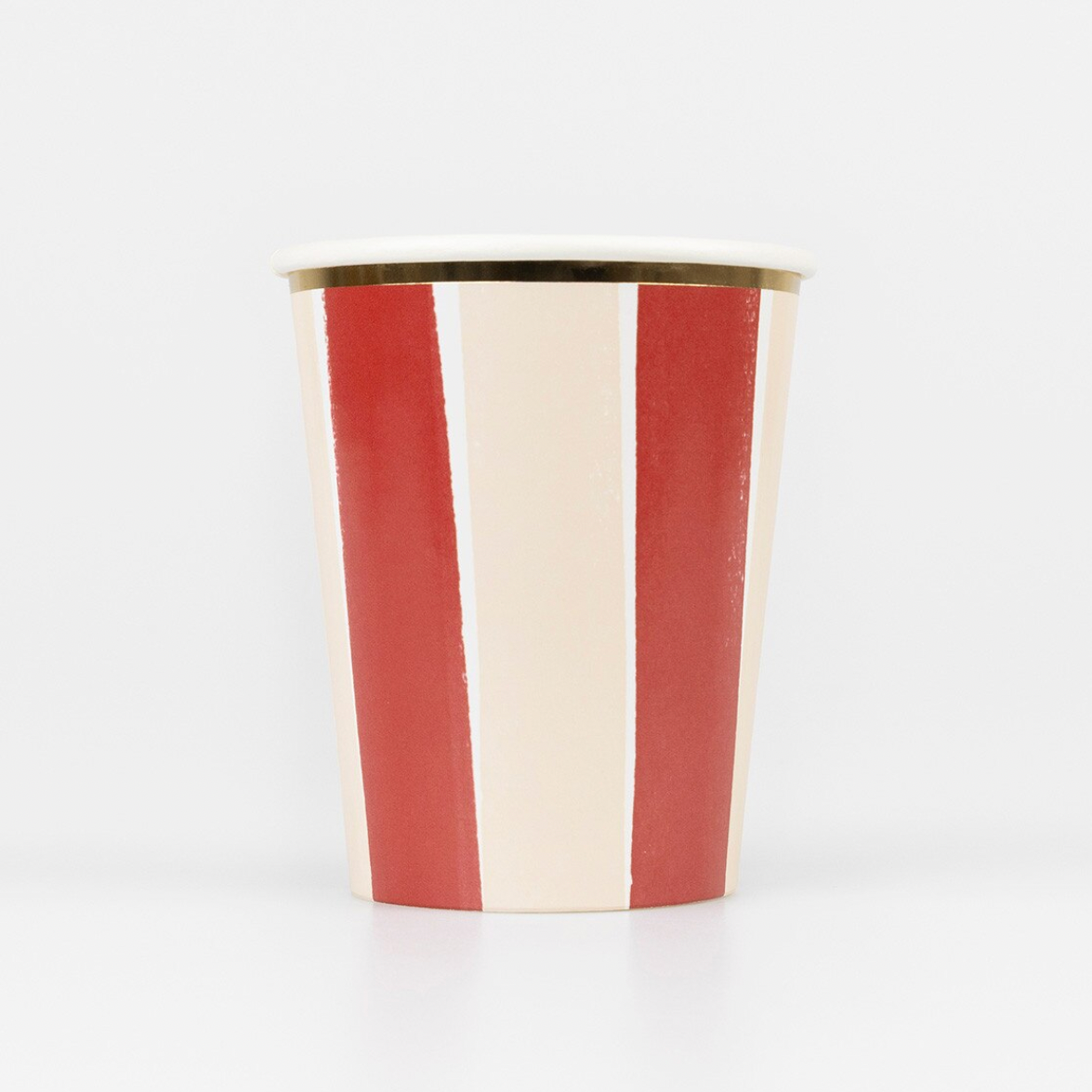 A paper cup with vertical red and off-white stripes, shown on a plain light background. Part of a product sidebar is visible on the right edge.