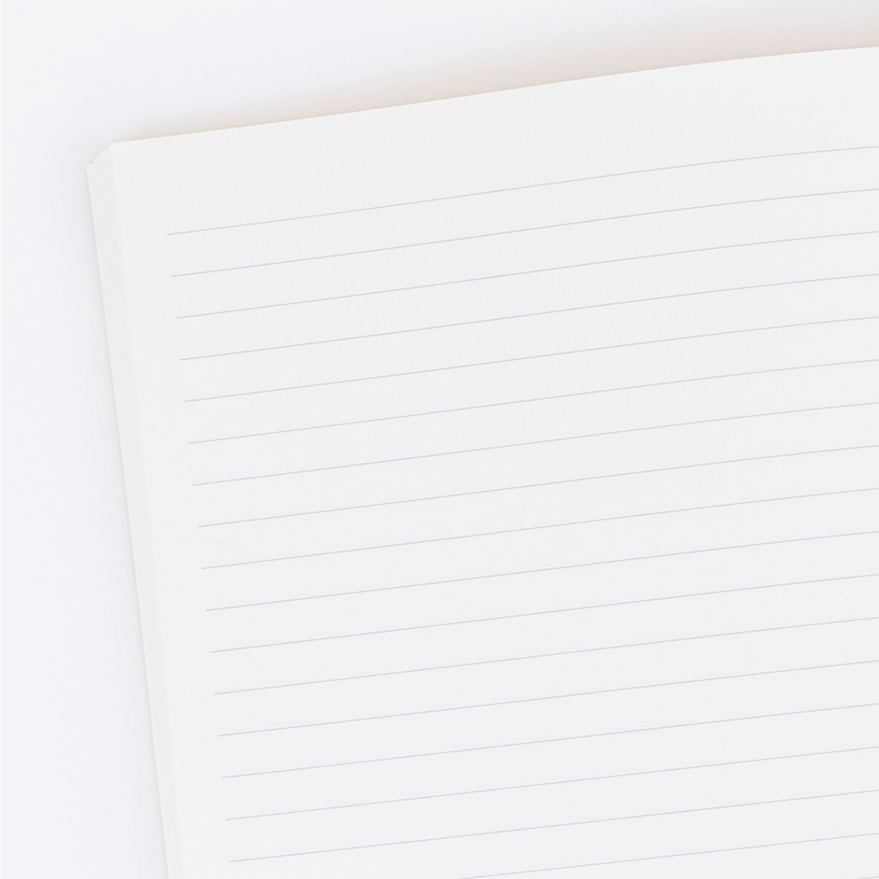 A close-up of a white lined notebook page with horizontal ruling, shown against a very light neutral background.