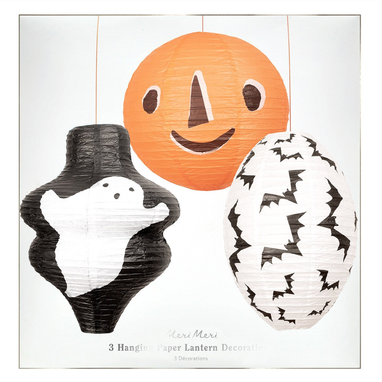 Three hanging paper lantern decorations displayed against a white background: an orange round lantern with a simple face, a black-and-white ghost lantern, and a white oval lantern with black bat silhouettes. Text at the bottom reads 'Keri Mori 3 Hanging Paper Lantern Decoratives.