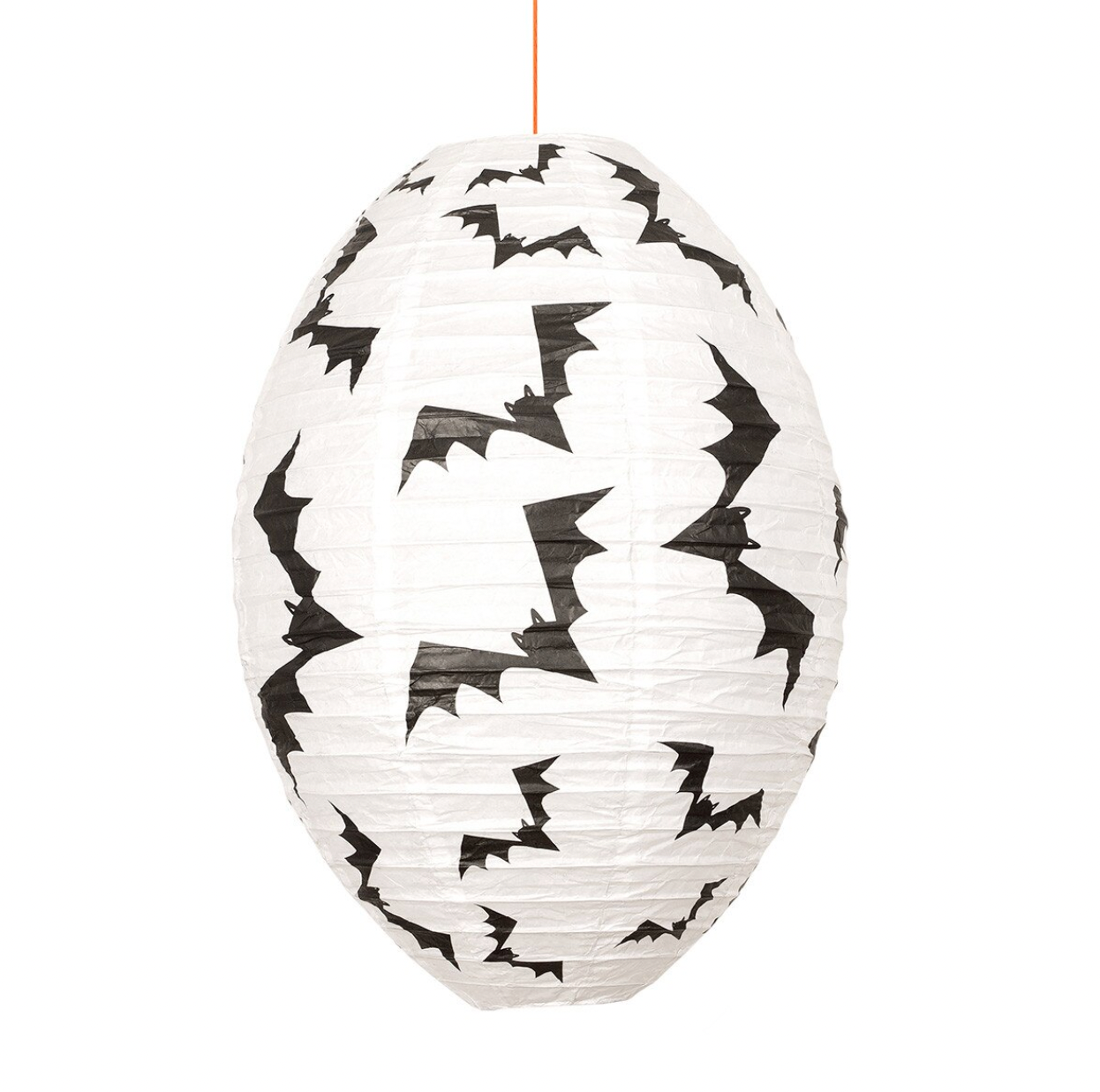 A white paper lantern with a black bat pattern, hanging by a thin cord against a white background.