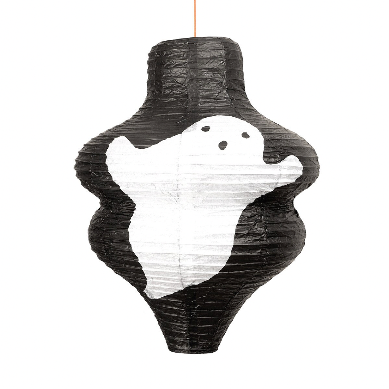 A black paper lantern with a white ghost design on the front, hanging against a plain white background.