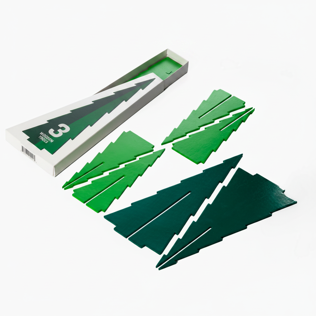 Green wooden tree pieces with a box on a white background