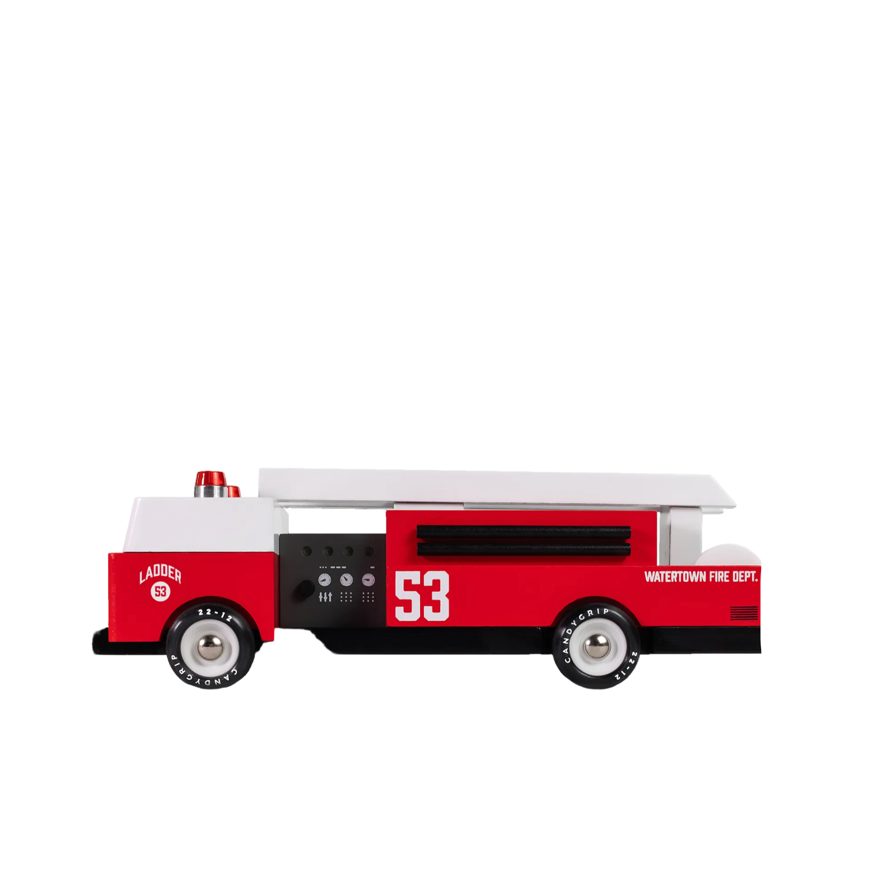 A red and white wooden toy fire engine with the number 53, shown on a white background 