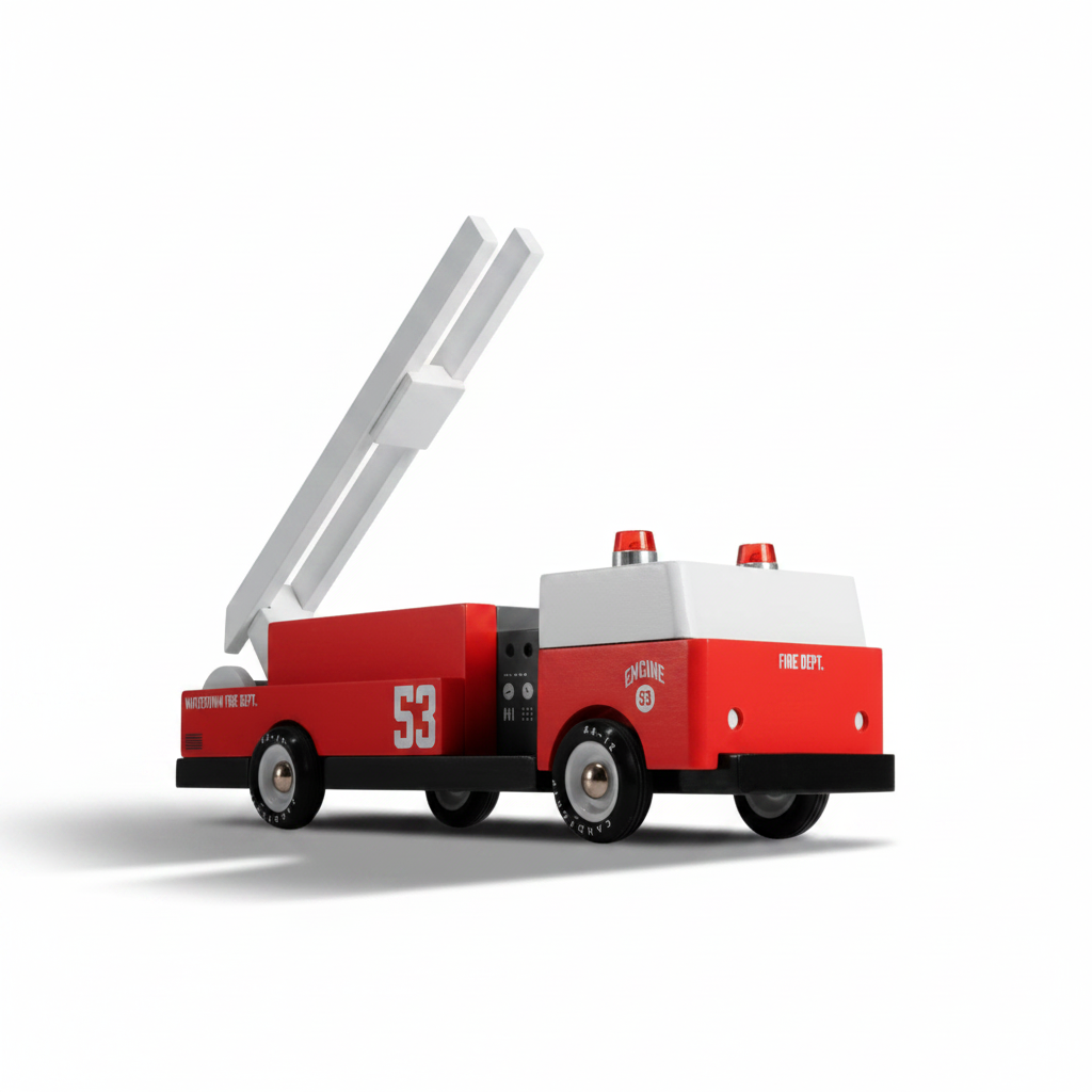 A red and white fire truck with an extended ladder, shown on a white background 