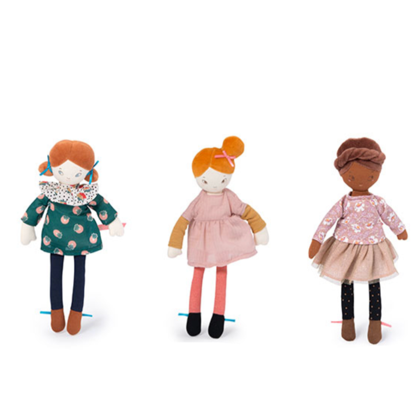 A screenshot of a Shopify product page showing three handmade doll figures standing side by side against a white background.