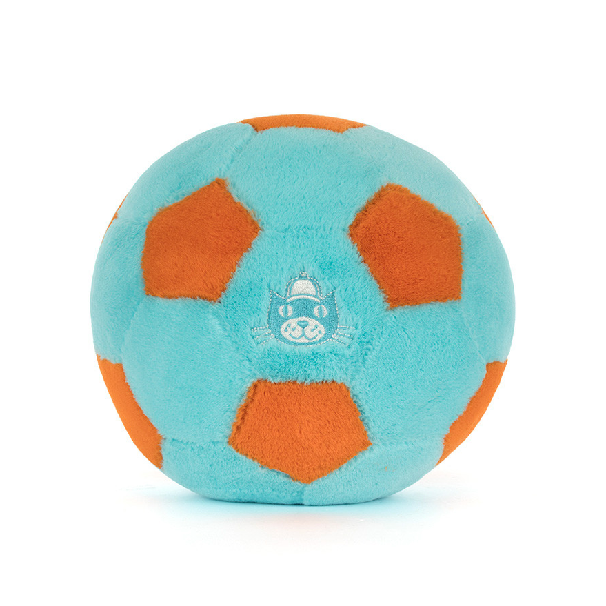 A Jellycat plush soccer ball with light blue and orange panels.
