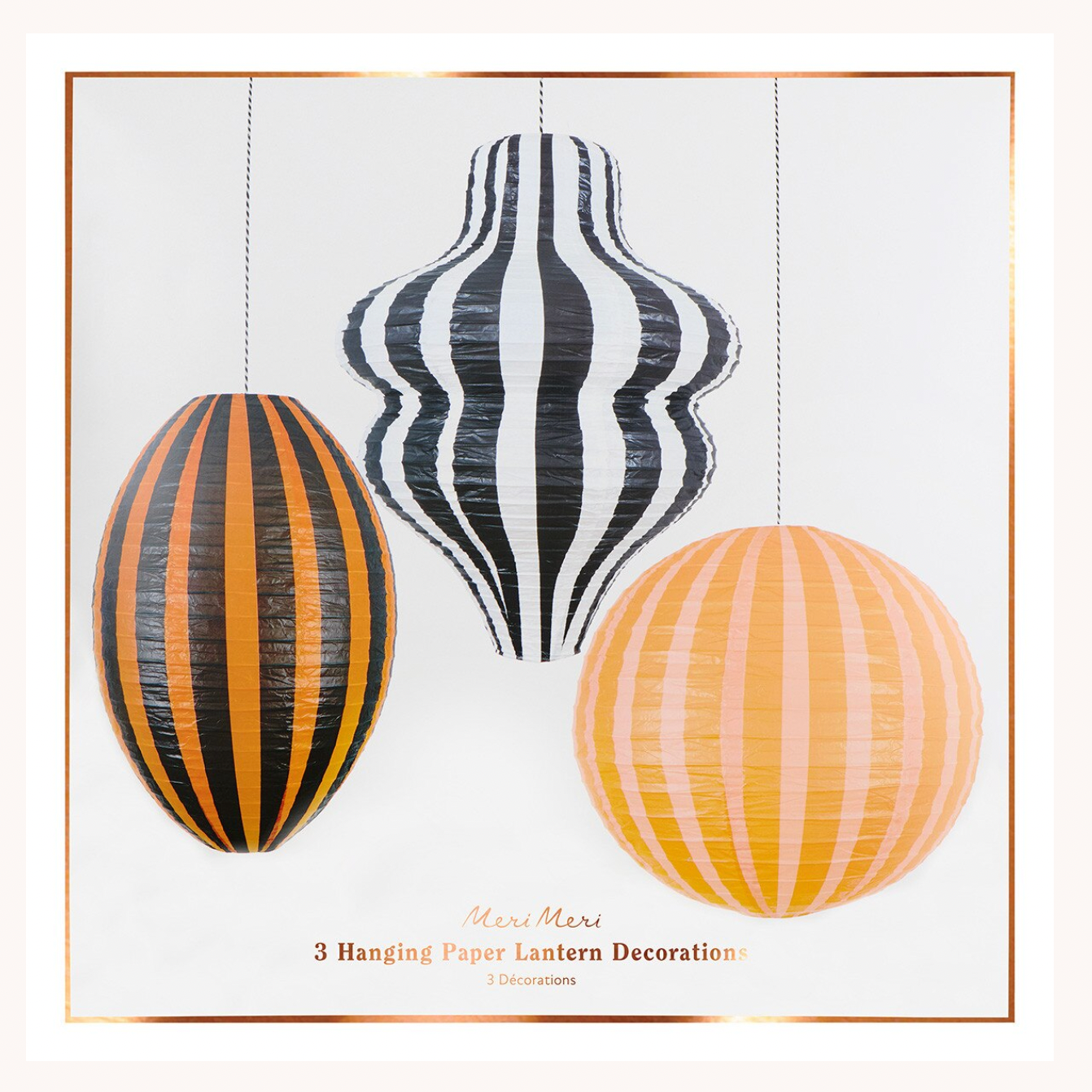 Three hanging paper lantern decorations on a white background, with one black-and-cream striped lantern and two peach-and-black striped lanterns. Text at the bottom reads 'Mini Mens 3 Hanging Paper Lantern Decorations.