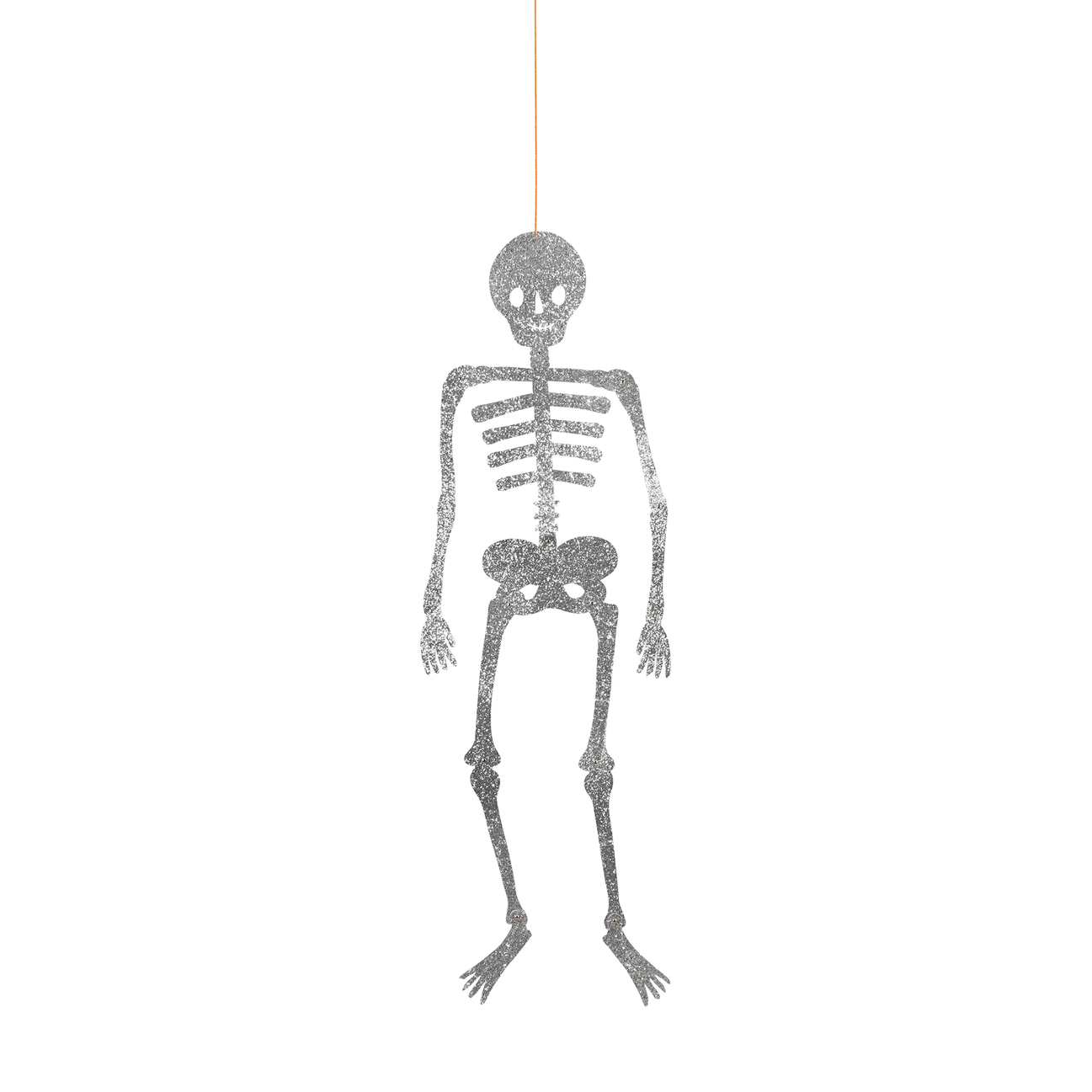 A hanging skeleton decoration made of textured glittery gray material, suspended by a thin string against a plain white background.