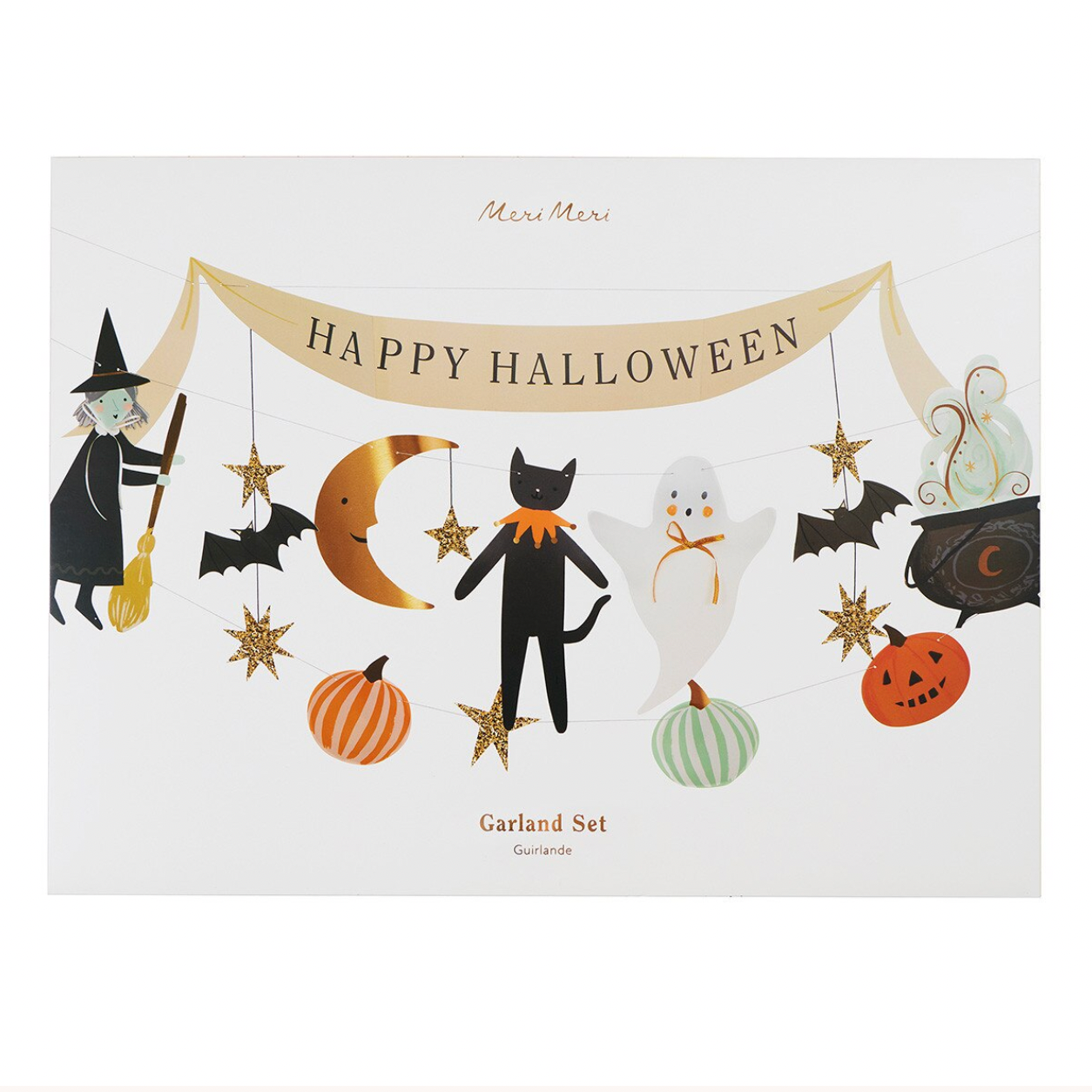 Halloween garland set featuring whimsical illustrated characters and seasonal decorations, including a witch, cat, ghost, moon, pumpkins, stars, and a banner reading “Happy Halloween,” shown on a light background.