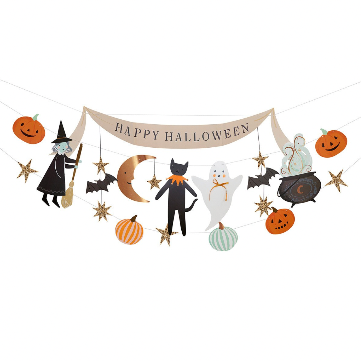 Halloween banner garland with cute cartoon illustrations including a witch, cat, ghost, pumpkin, moon, cauldron, and stars, with a beige banner reading 'HAPPY HALLOWEEN' on a white background.