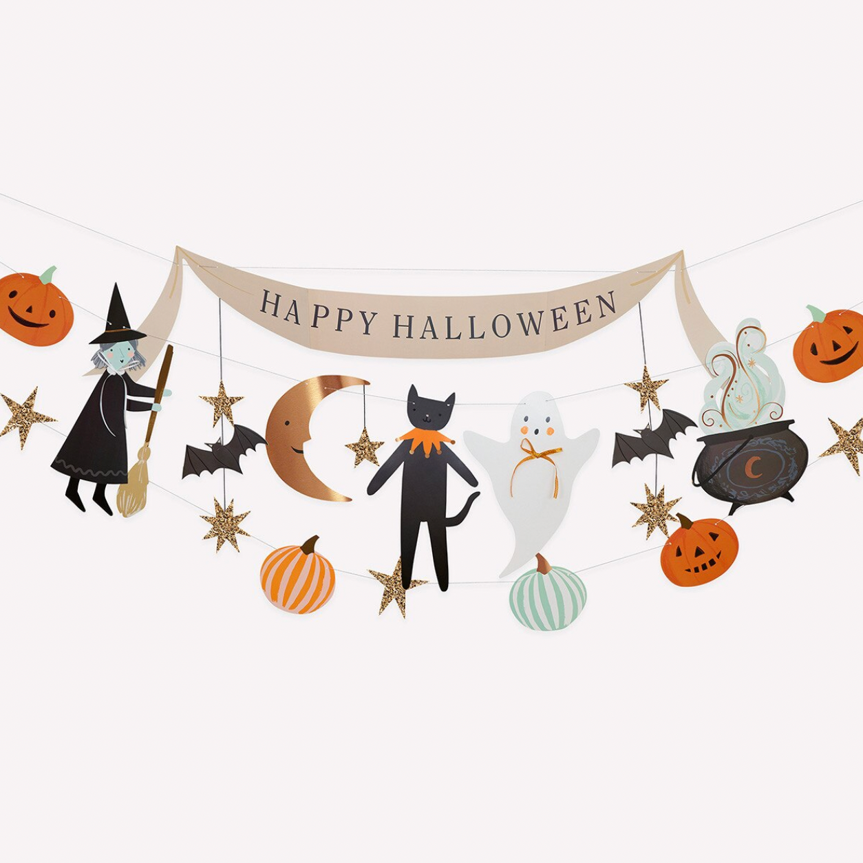 Halloween garland banner with a beige 'Happy Halloween' ribbon and hanging cutout decorations including a witch, cat, ghost, pumpkins, moon, stars, and cauldron on a light gray background.