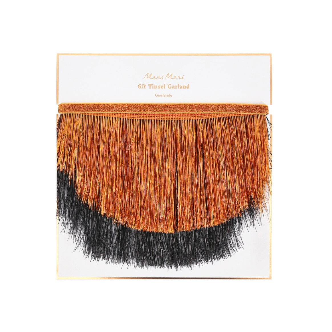 A packaged fringe accessory displayed on a white card. The product consists of a wide band of shimmering bronze and copper-toned threads with a contrasting black fringe along the bottom edge.