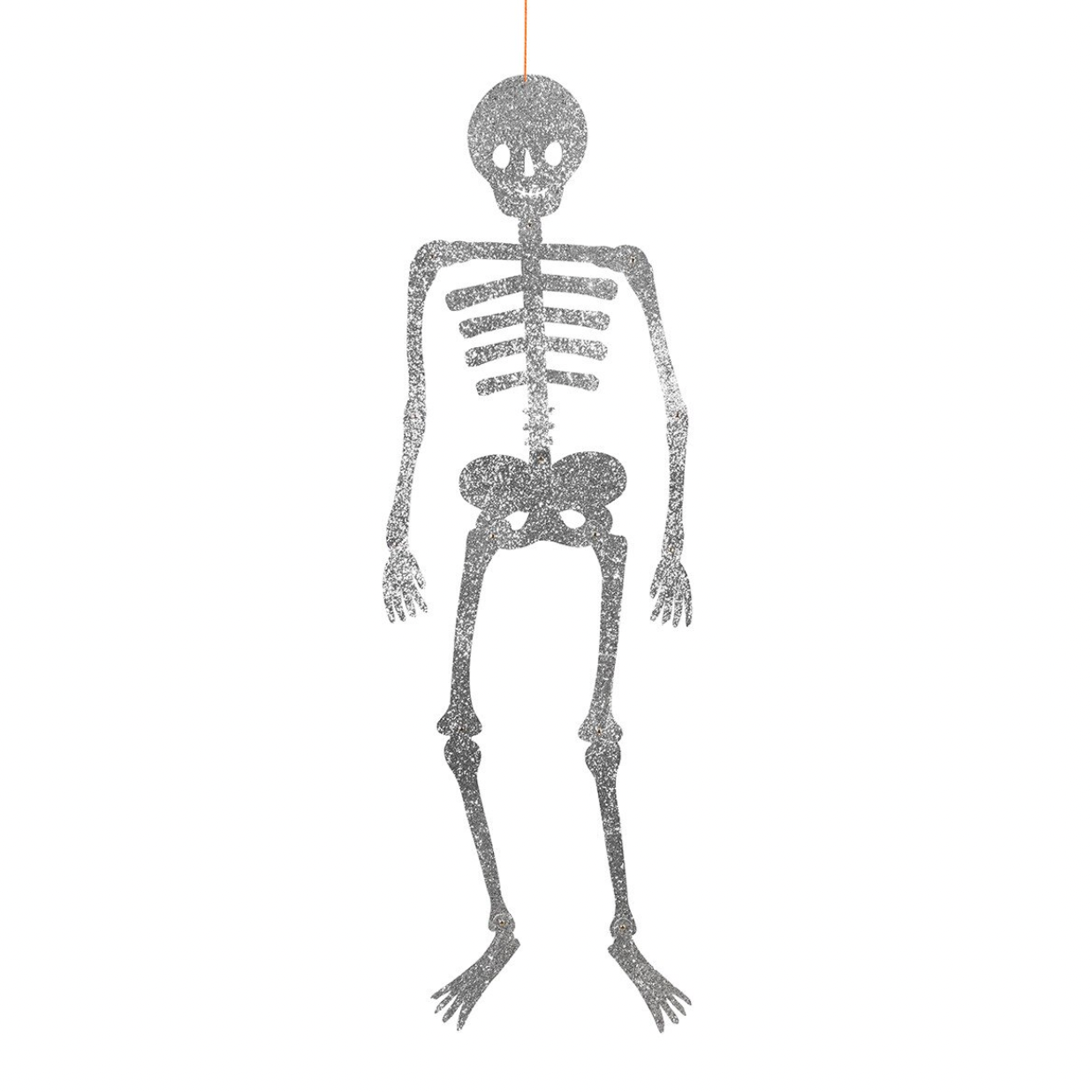 A hanging skeleton decoration made of textured gray glitter, suspended by a thin gold string against a clean white background.