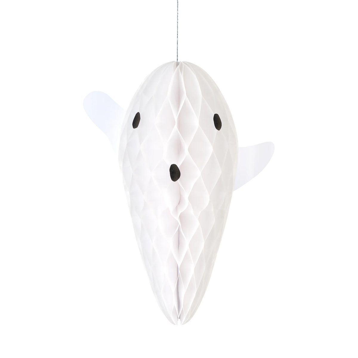 A white honeycomb paper hanging decoration shaped like a stylized animal head with small black eyes and mouth, shown against a plain white background.