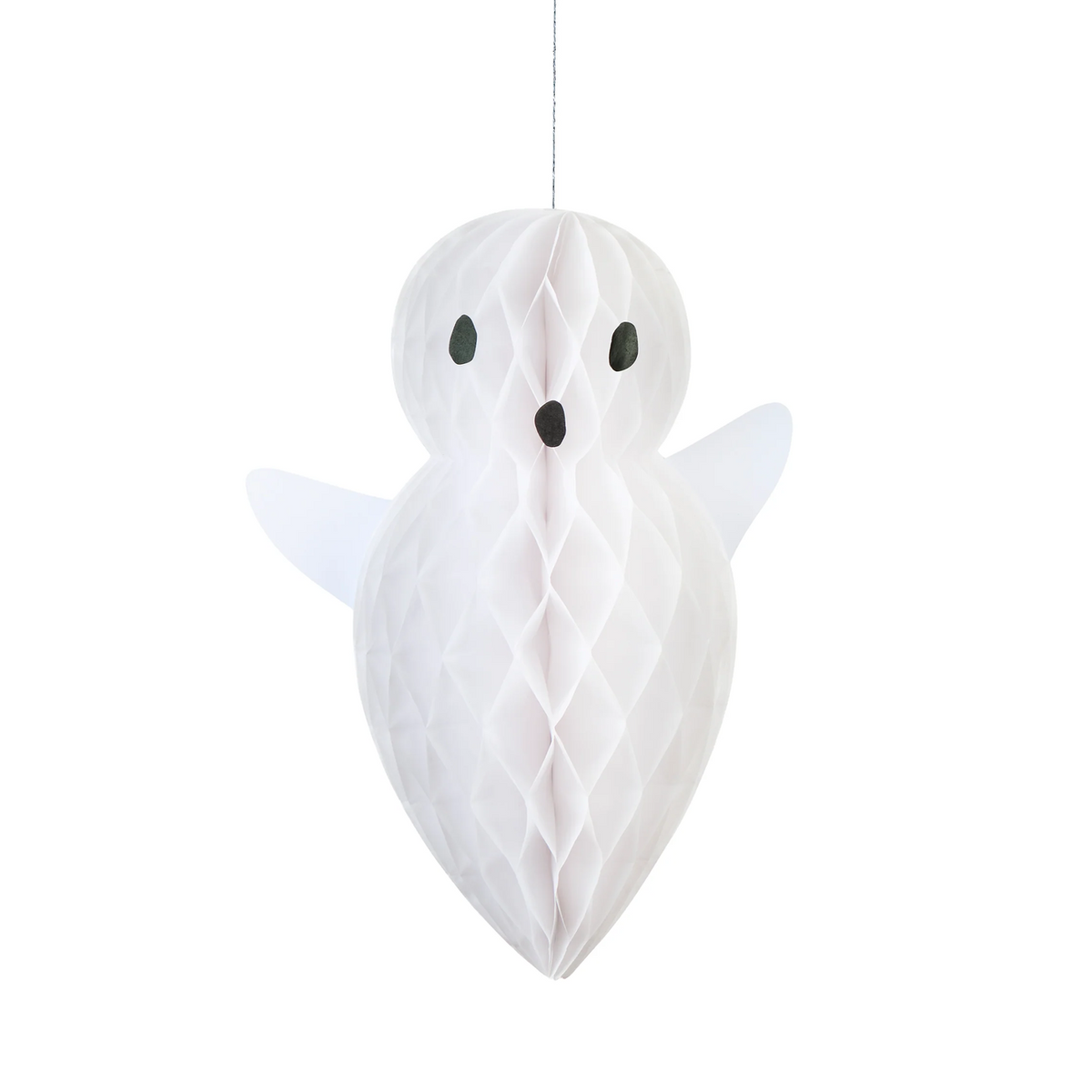 A white honeycomb paper ghost hanging decoration with black eyes and nose, suspended by a thin string against a plain white background.