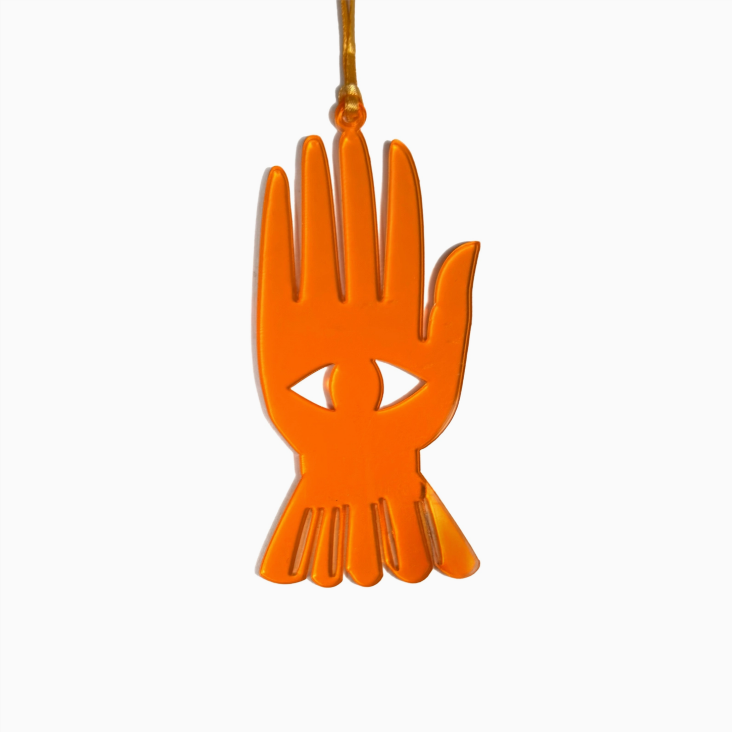 Orange hand-shaped pendant with a face cutout on a white background