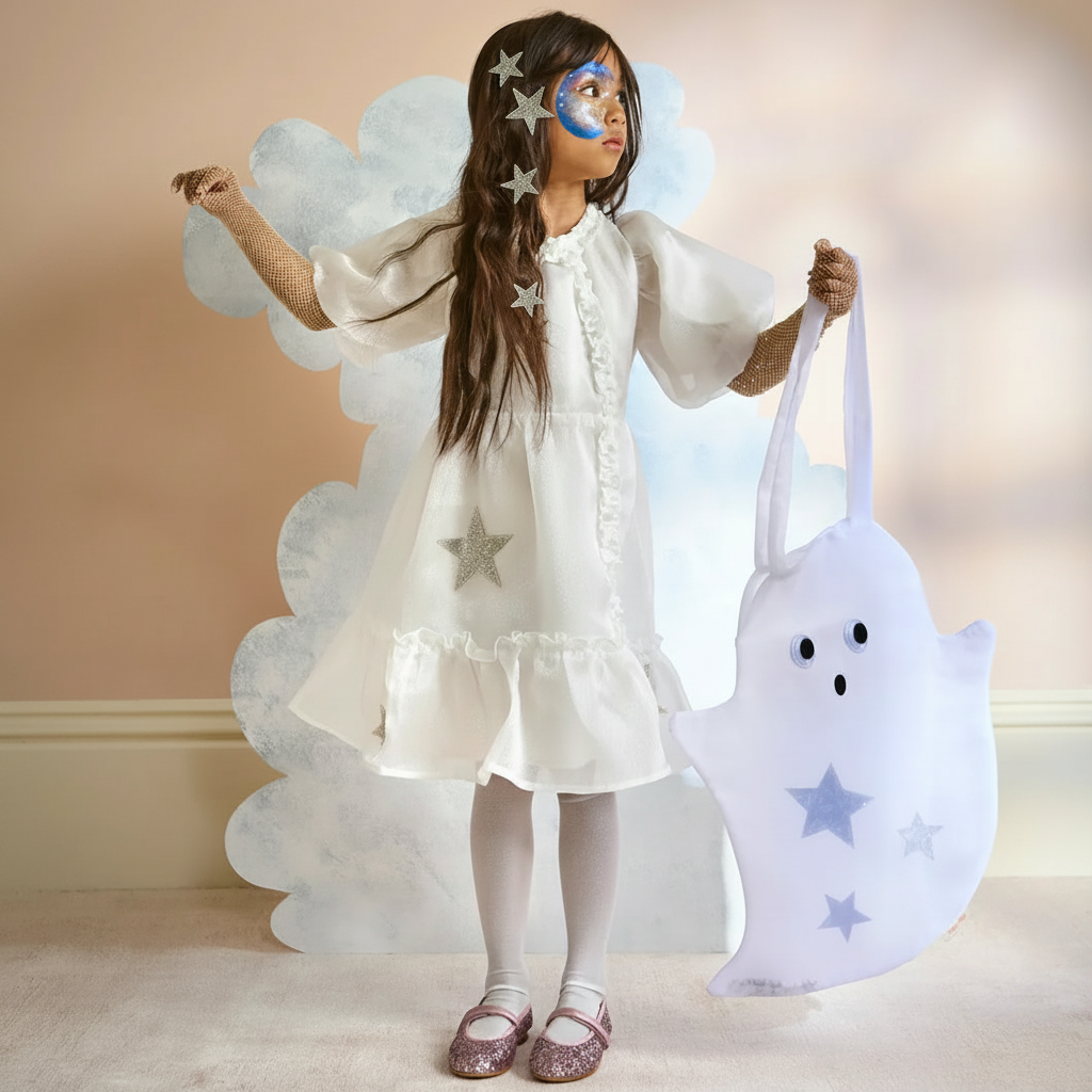 A young girl dressed as a ghost angel stands in front of a beige wall and cloud backdrop, wearing a white dress with star details, holding a large white ghost-shaped bag with blue stars.