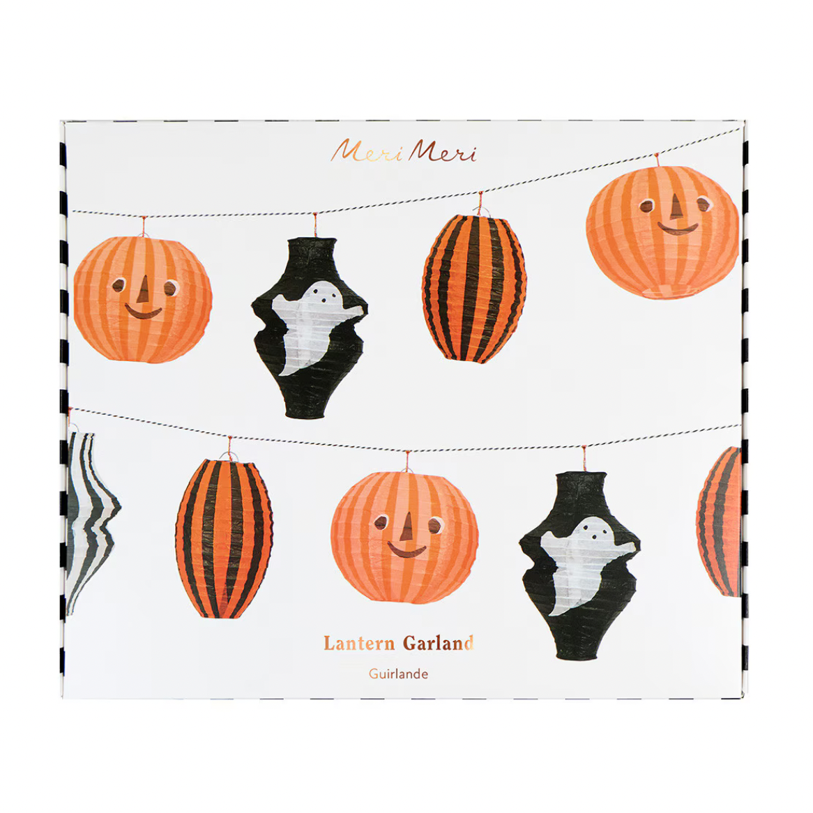 A printed lantern garland banner card or package design featuring Halloween lantern illustrations, including orange pumpkins and ghosts on black lanterns, with the text 'Mardi Merri' and 'Lantern Garland' on a white background.
