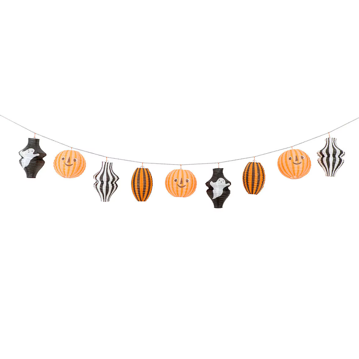 A Halloween-themed hanging banner garland with alternating orange jack-o'-lantern lanterns, black-and-white striped paper lanterns, and ghost-shaped lanterns on a thin string against a white background.