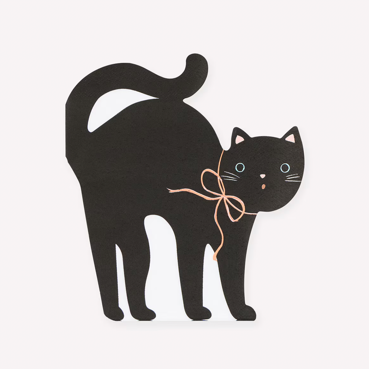 A black cat silhouette decoration with a beige ribbon bow around its neck, shown on a plain white background.
