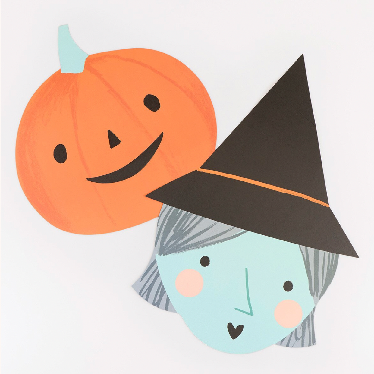 A stylized illustration of a smiling orange pumpkin and a witch's face wearing a black pointed hat, shown on a white background with partial text visible at the right edge.
