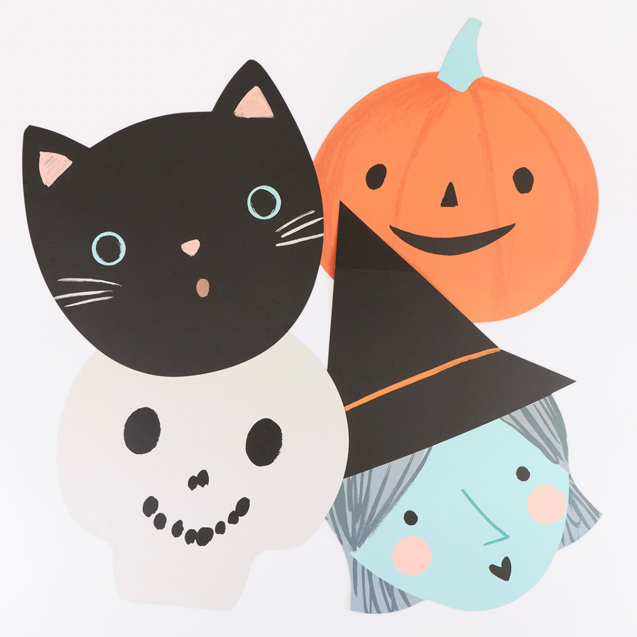 A square graphic print featuring four stylized Halloween faces: a black cat, an orange pumpkin, a white skull, and a light blue witch with a black hat, arranged on a white background.