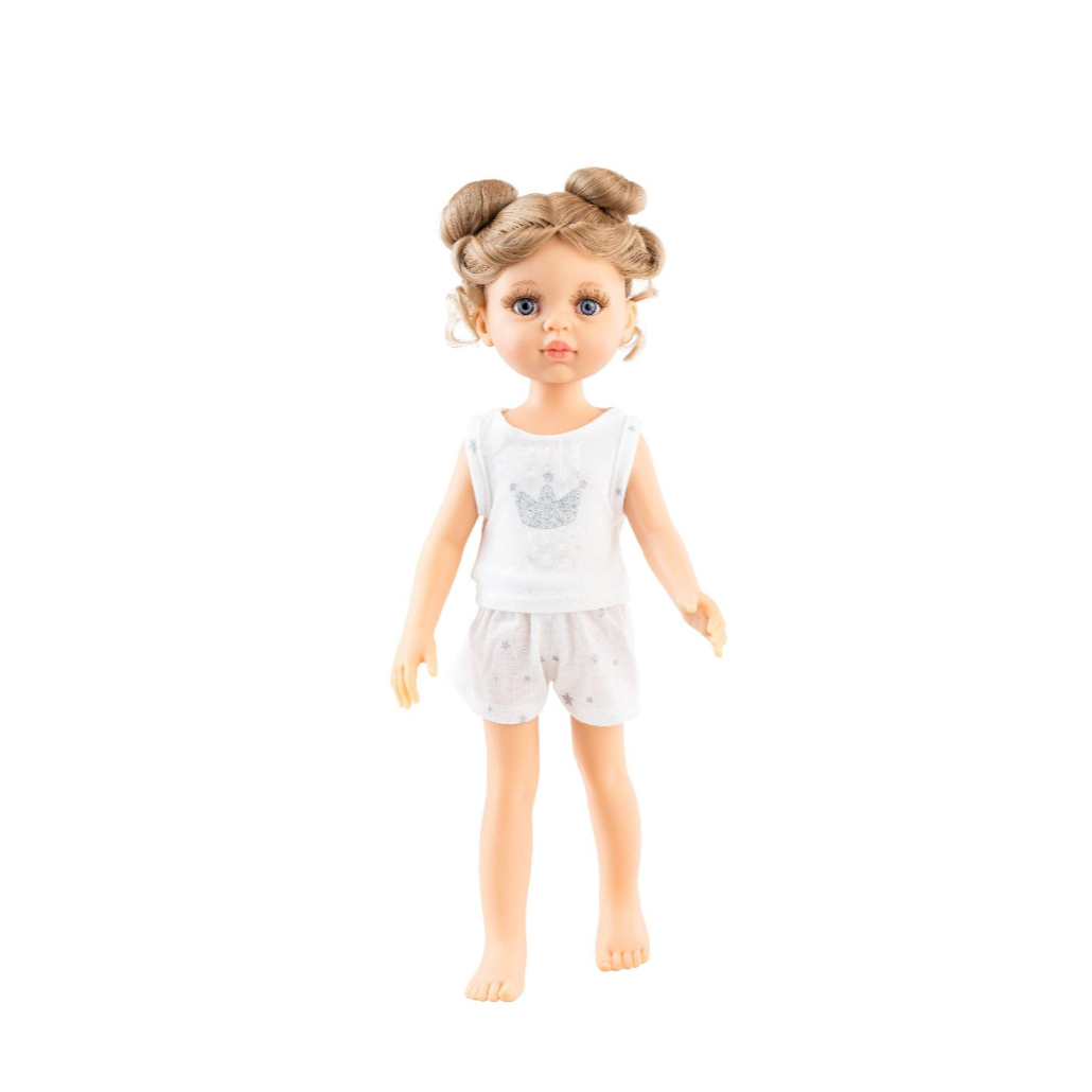 A doll with brown hair in two buns wearing a white sleeveless top and white shorts, standing against a white background.