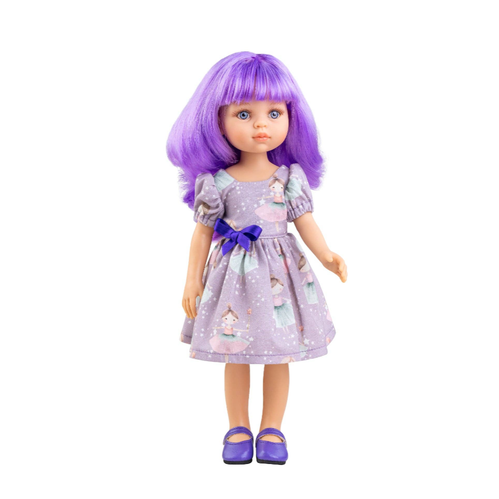 A doll with purple hair wearing a lavender dress with a blue bow and purple shoes, centered on a white background 
