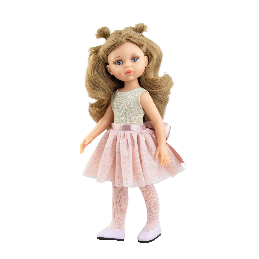 A doll with long wavy light brown hair styled in two buns, wearing a sleeveless light beige top and a pink tutu skirt with pink shoes, shown on a white background within a dark interface frame.