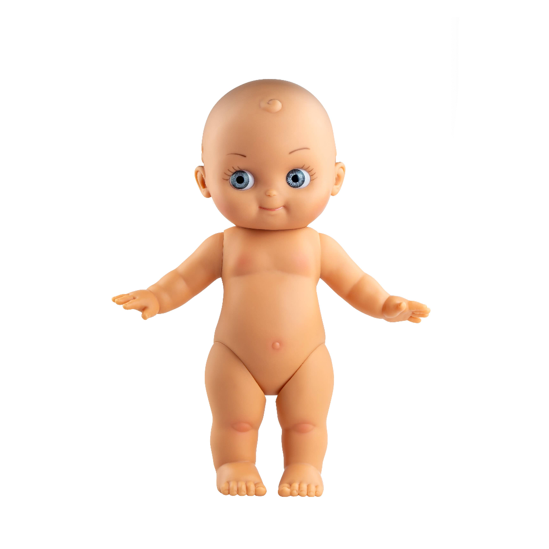 A realistic baby doll with blue eyes, a bald head, and outstretched arms, centered on a white background
