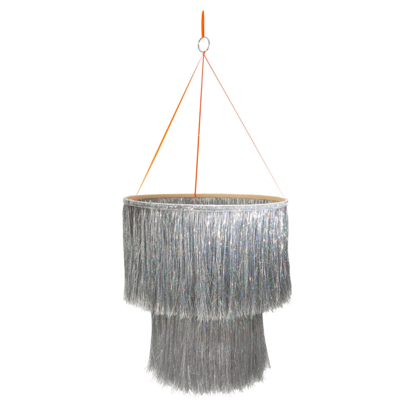 Hanging lamp with fringed shade on a white background