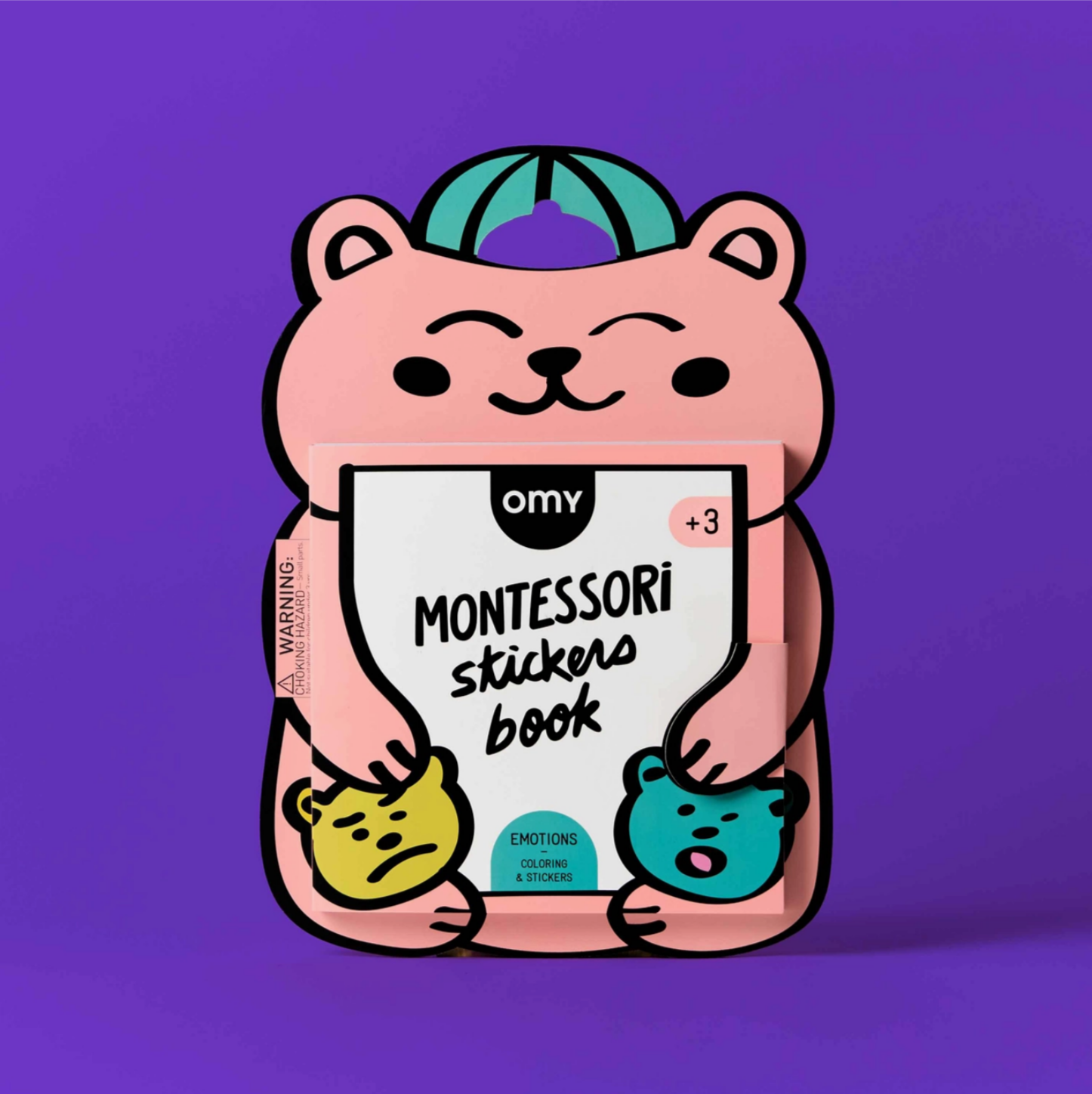 Cartoon bear holding a Montessori stickers book on a purple background